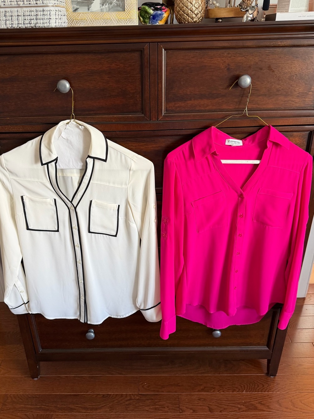 Set of 2 Express The Portofino Bright Pink & White Polyester Shirts. Size XS.
